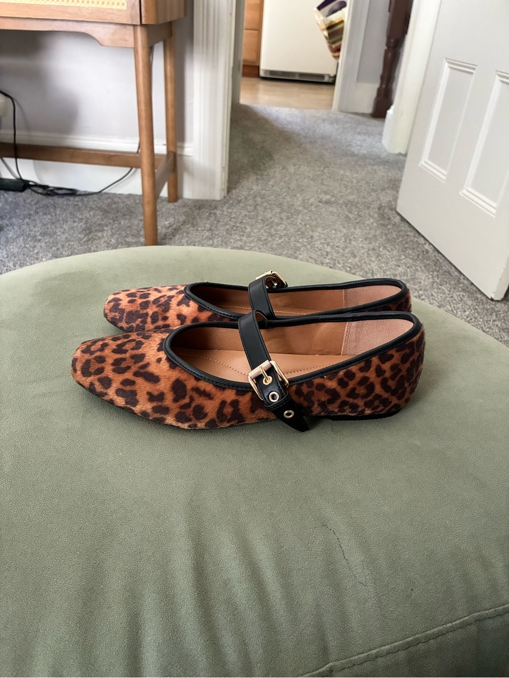 Dolce Vita Leopard Print Mary Jane Flats with Black Trim and Gold Buckle
